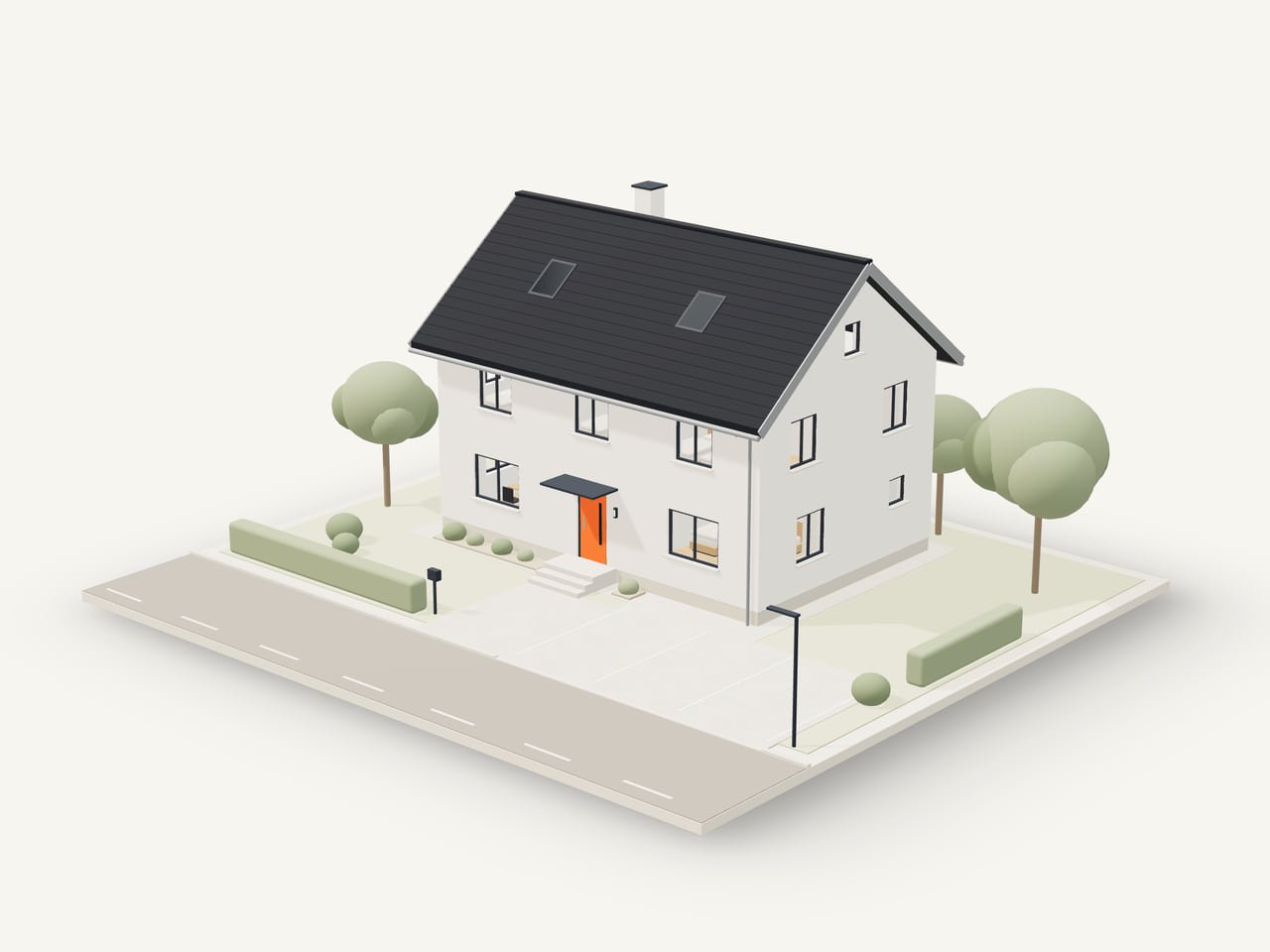 Architekturmodell eines zweigeschossigen Monteurhauses mit Satteldach, Garten und Stellplätzen an einer Straße